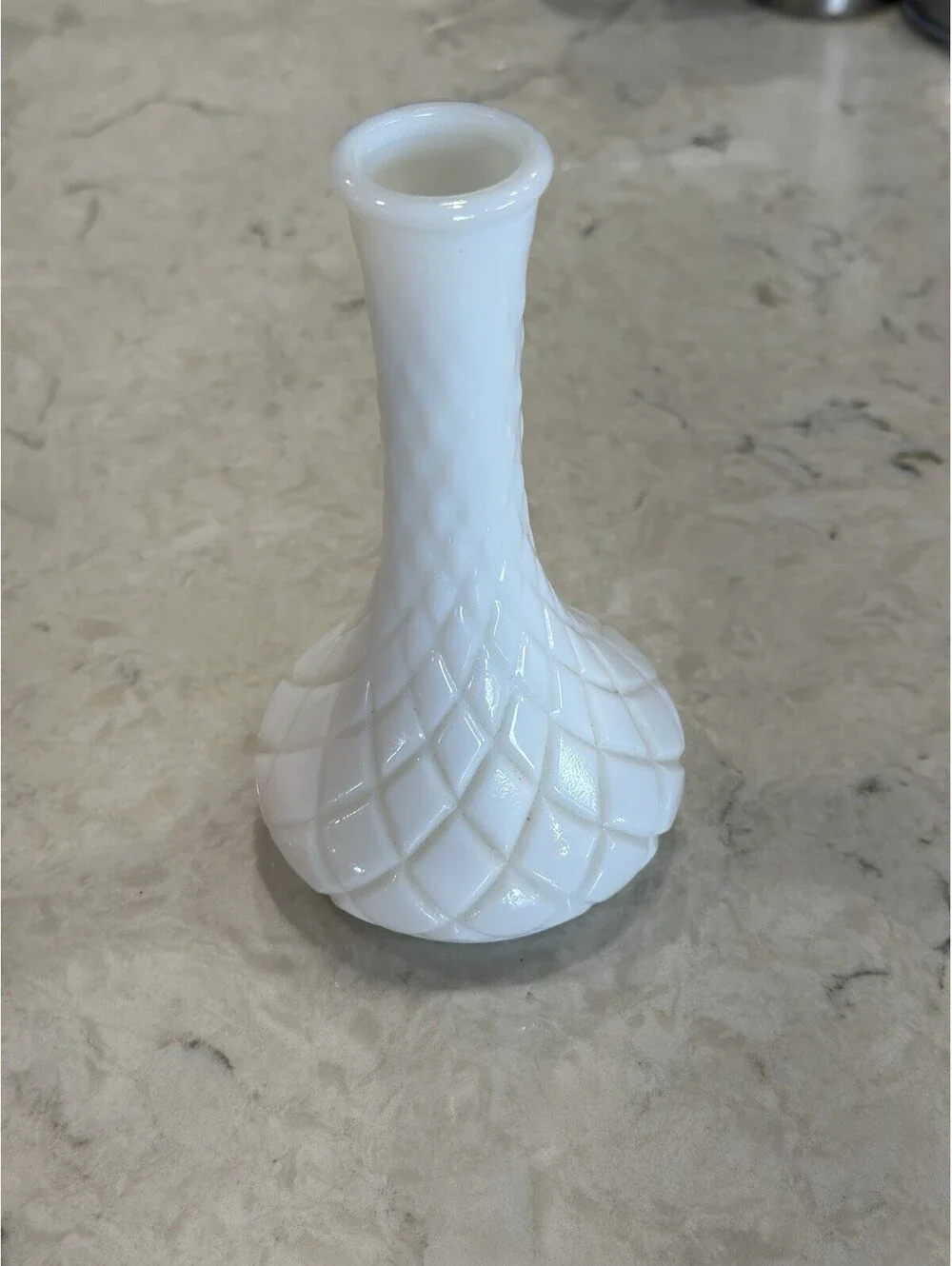 Vintage Hoosier Glass white milk glass bud vase Quilted Diamond Pattern 6 Inch